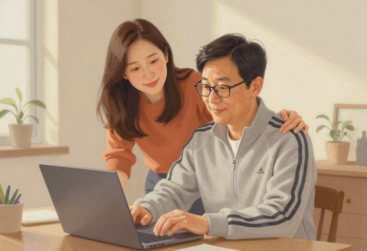 안경 쓴 추리닝 차림의 남편이 노트북 앞에 앉고, 긴 머리 아내가 어깨에 손을 얹고 다정히 격려하는 모습