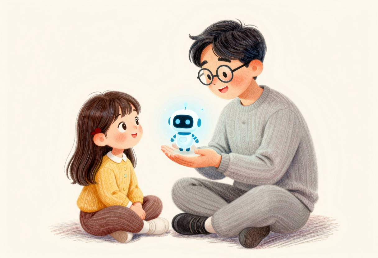 안경 쓴 아빠가 손바닥 위에 떠오른 작고 다정한 AI 로봇을 보여주며 딸에게 AI가 뭔지 설명하고, 딸이 호기심 어린 눈으로 듣는 따뜻한 삽화
