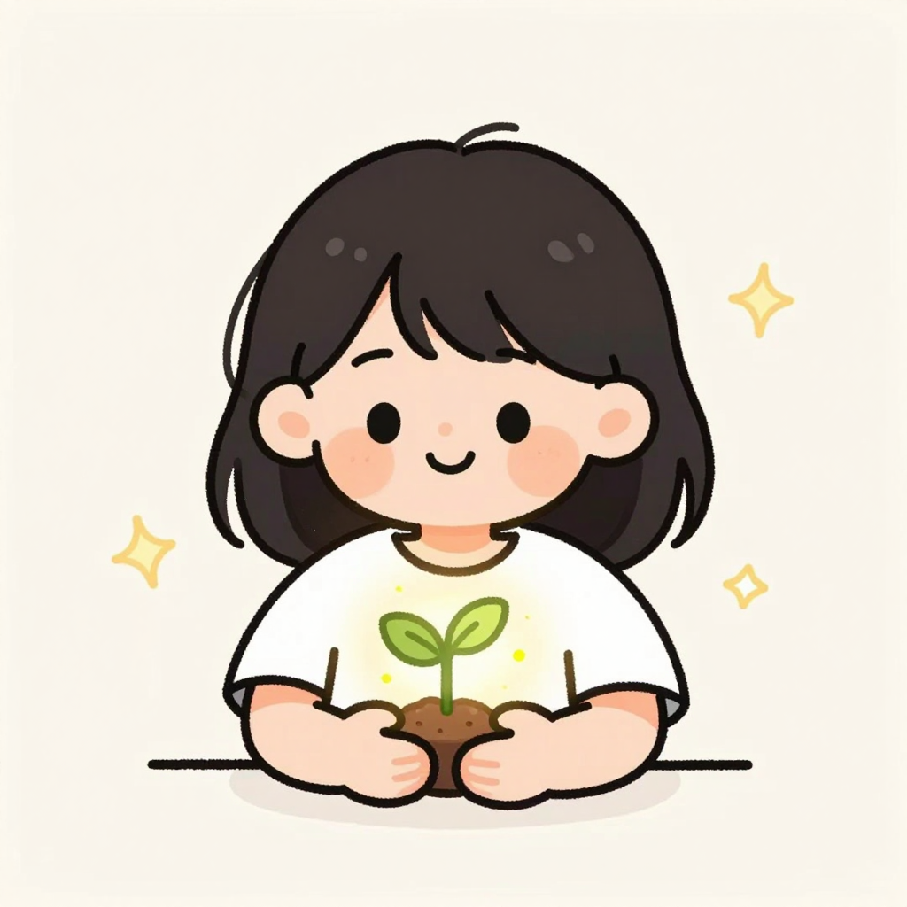 두 손으로 작은 빛의 묘목을 감싸 쥐고 가만히 들여다보는 아이 — 갓 자라기 시작한 신념을 품은 듯한 따뜻한 동화풍 삽화
