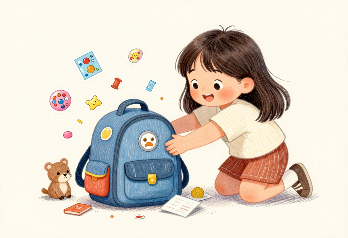 가방을 기울이자 스티커·작은 인형·종이쪽·가챠 캡슐이 우르르 쏟아지고, 흡족하게 웃는 딸의 삽화