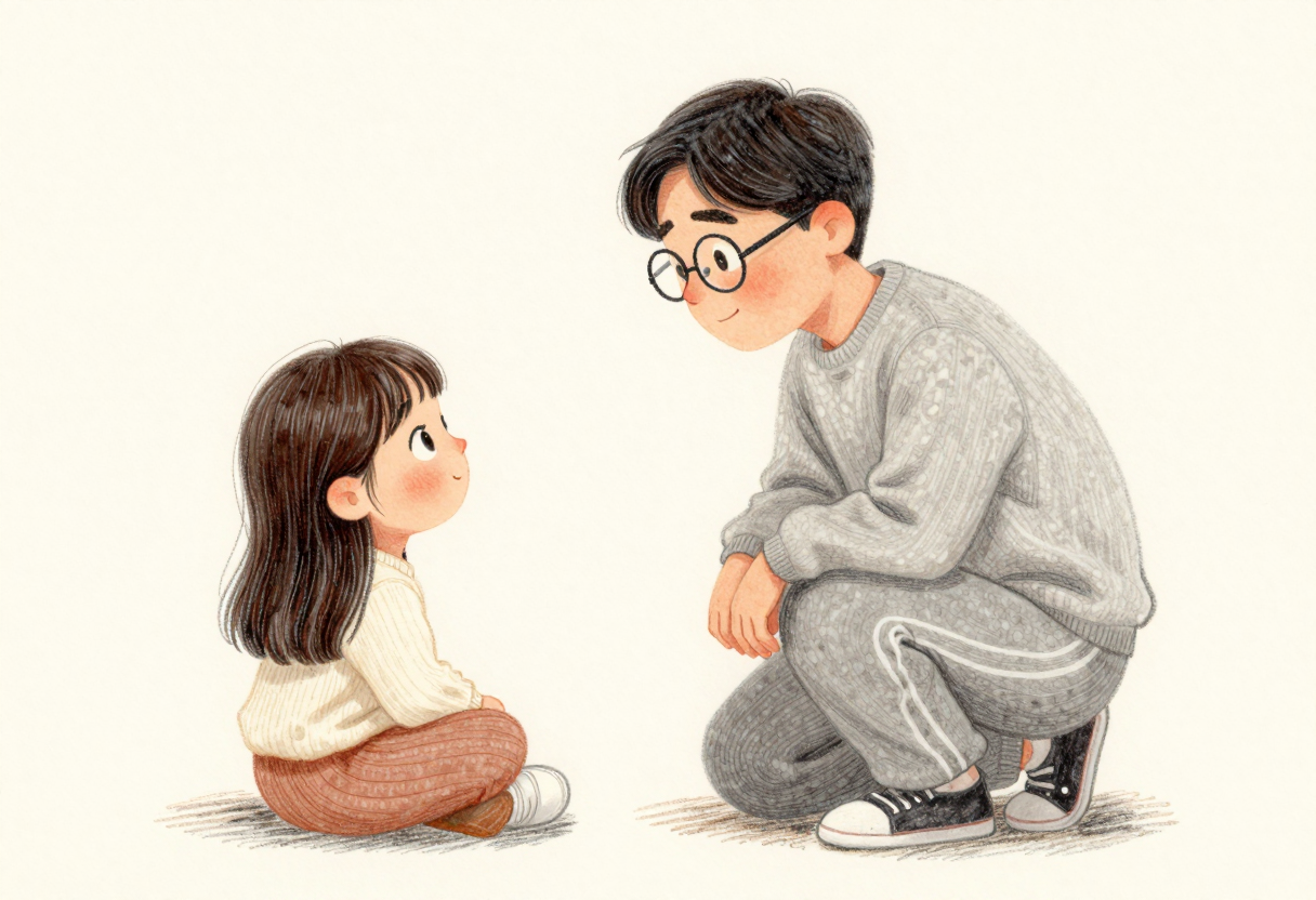 안경 쓴 아빠가 딸의 눈높이에 맞춰 쪼그려 앉아, 명령 대신 가만히 질문을 건네고 딸이 골똘히 생각하는 따뜻한 삽화