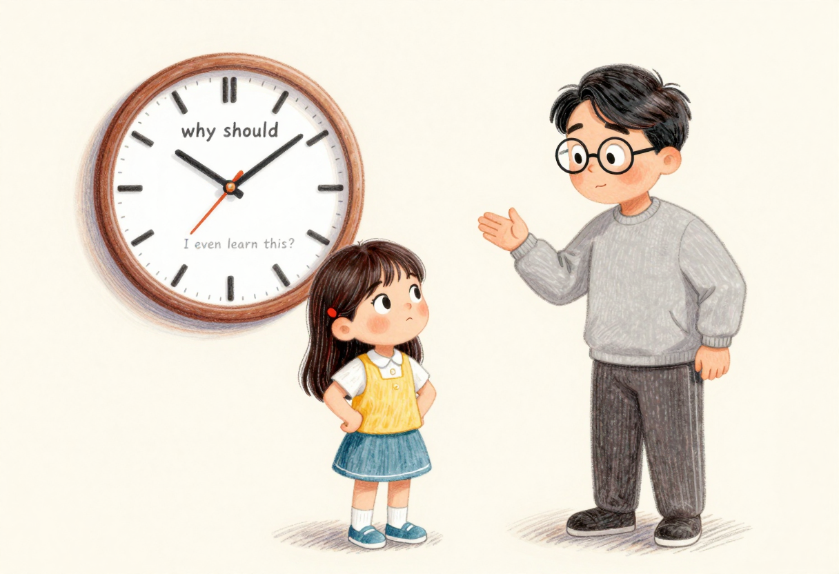 벽시계를 올려다보며 "내가 이걸 왜 알아야 하냐"는 표정으로 팔짱 낀 딸과, 시계를 가리키며 난감해하는 안경 쓴 아빠의 삽화