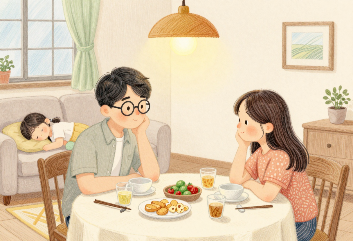 늦은 저녁 식탁에 마주 앉아 잔잔히 이야기 나누는 부부, 뒤편 소파엔 잠든 딸이 보이는 따뜻한 삽화