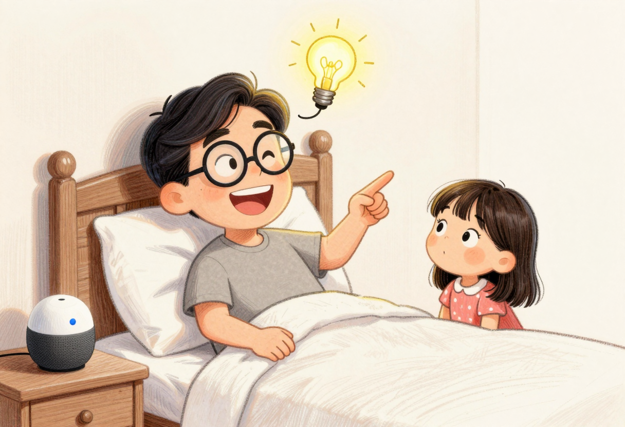 침대에서 머리 위에 전구를 켜고 묘안을 떠올린 듯 협탁 위 스마트 스피커를 가리키는 안경 쓴 아빠와, 흥미롭게 지켜보는 딸의 만화풍 삽화