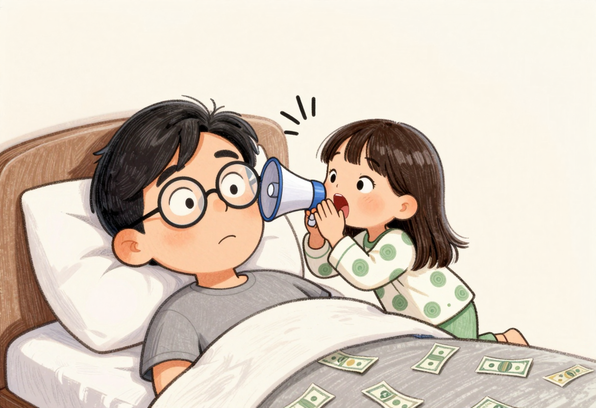 자고 있는 아빠 귀에 손나팔을 대고 명령을 외치는 딸, 눈이 번쩍 뜨인 안경 쓴 아빠의 만화풍 삽화