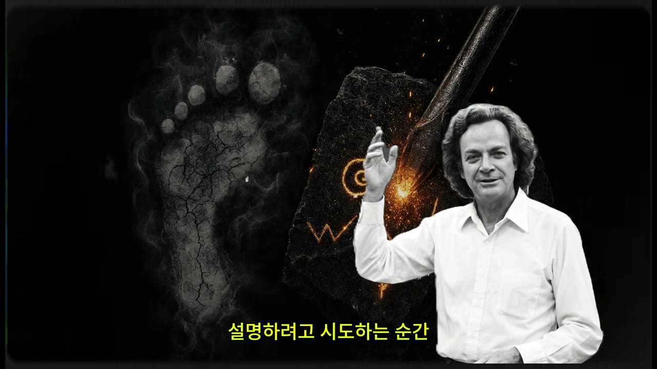 왼쪽 젖은 모래 위 발자국, 오른쪽 불꽃을 튀기며 바위에 새겨지는 조각 — 수동적 읽기 vs 능동적 설명