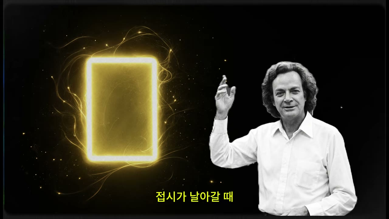 황금빛으로 빛나며 흔들리는 직사각형 접시와 칠판 앞 파인만 — 카페테리아 흔들리는 접시 일화