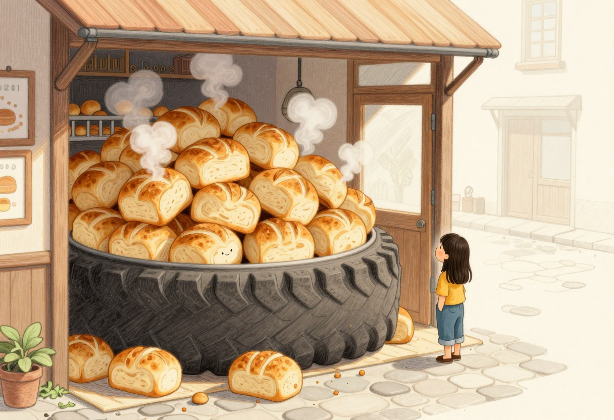 빵 굽는 기계가 천장까지 빵을 쌓아 올리는데, 텅 빈 거리엔 살 사람 하나 없이 작은 아이만 그 빵더미를 올려다보고 선 동화풍 삽화