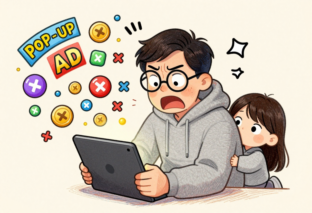 태블릿에서 광고 팝업이 폭발하듯 튀어나오고, 안경 쓴 추리닝 차림 아빠는 경악한 표정, 옆에서 딸은 태평하게 곁눈질하는 만화풍 삽화