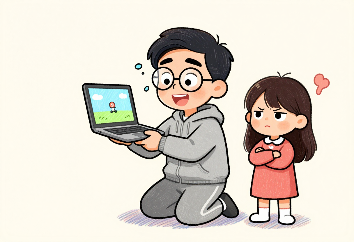 노트북에 직접 만든 게임을 띄워 들고 기대에 찬 아빠와, 팔짱 끼고 시큰둥하게 혹평하는 긴 머리 딸의 만화풍 삽화