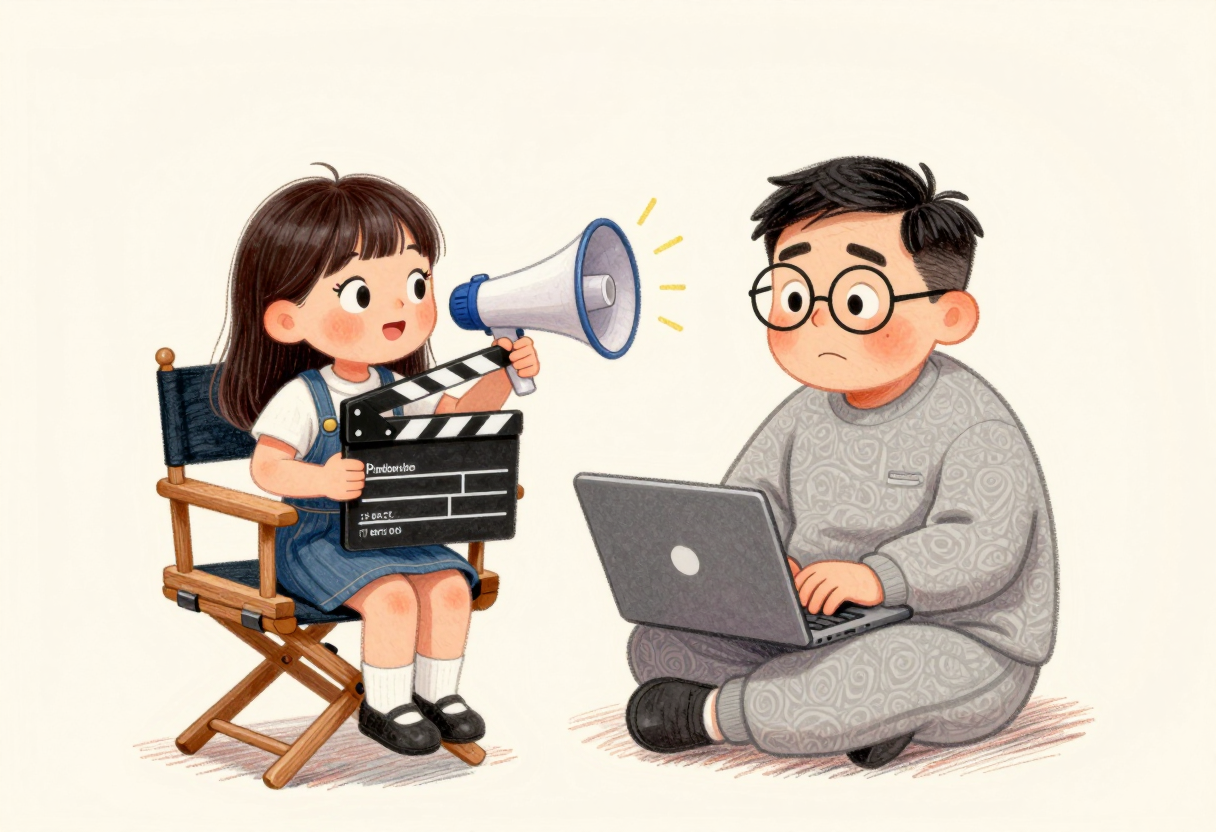 감독 의자에 앉아 확성기와 슬레이트를 든 긴 머리 딸이 호령하고, 안경 쓴 추리닝 차림 아빠는 노트북 앞에서 쩔쩔매며 지시를 받아 적는 만화풍 삽화