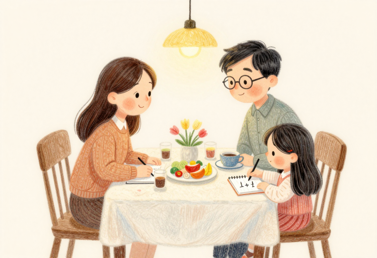밤의 식탁에서 마주 앉아 잔잔히 웃는 부부와, 옆에서 그림 노트에 1+1을 적는 딸의 따뜻한 삽화